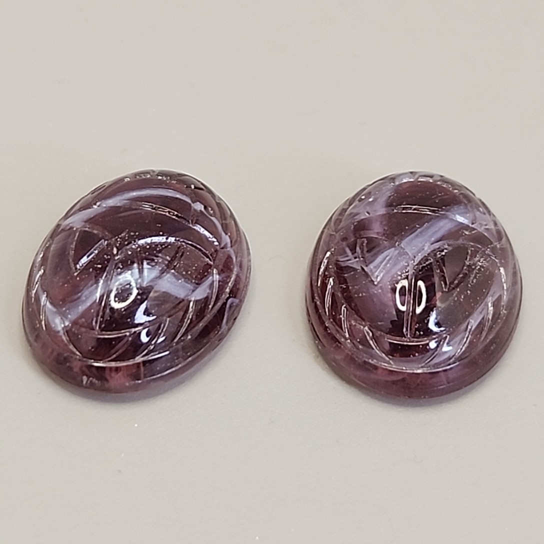 Carved Scarab Glass Gem Lot of 2 Purple Swirl Oval Egyptian Revival 25mm x 18mm