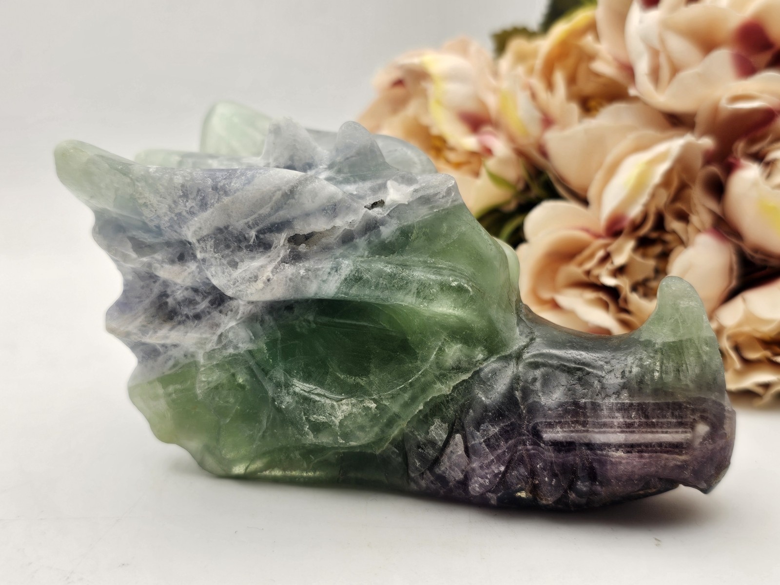 Rainbow Fluorite Dragon Head Crystal Carving 444g Purple Blue 11.7 x 6.1 x 5.8cm