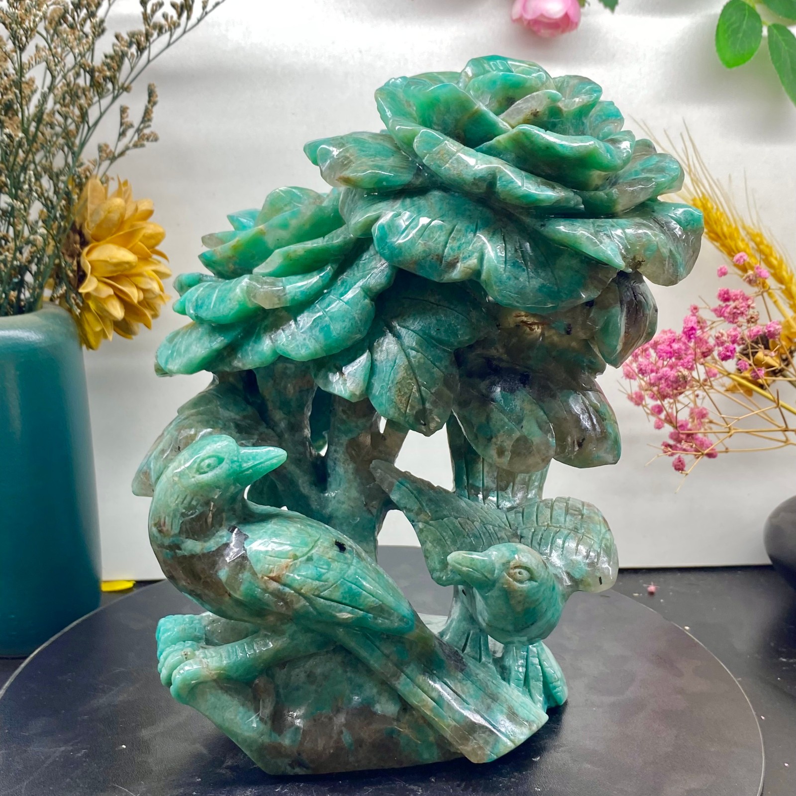 6.4LB Natural jade carvings flowers birds magpies crystal spiritual energy