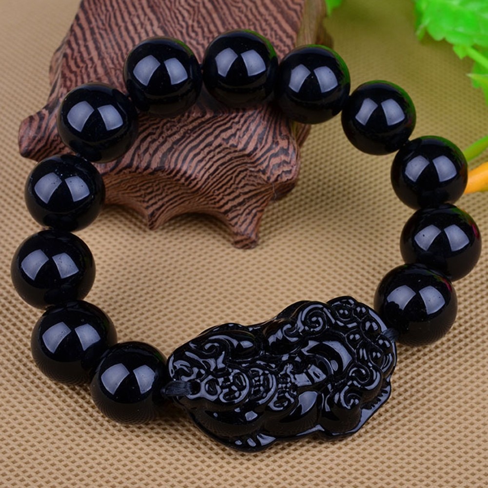 10mm Natural Obsidian Black Jade Lingzhu Bracelet Bracelet Chinese Dragon Pixiu