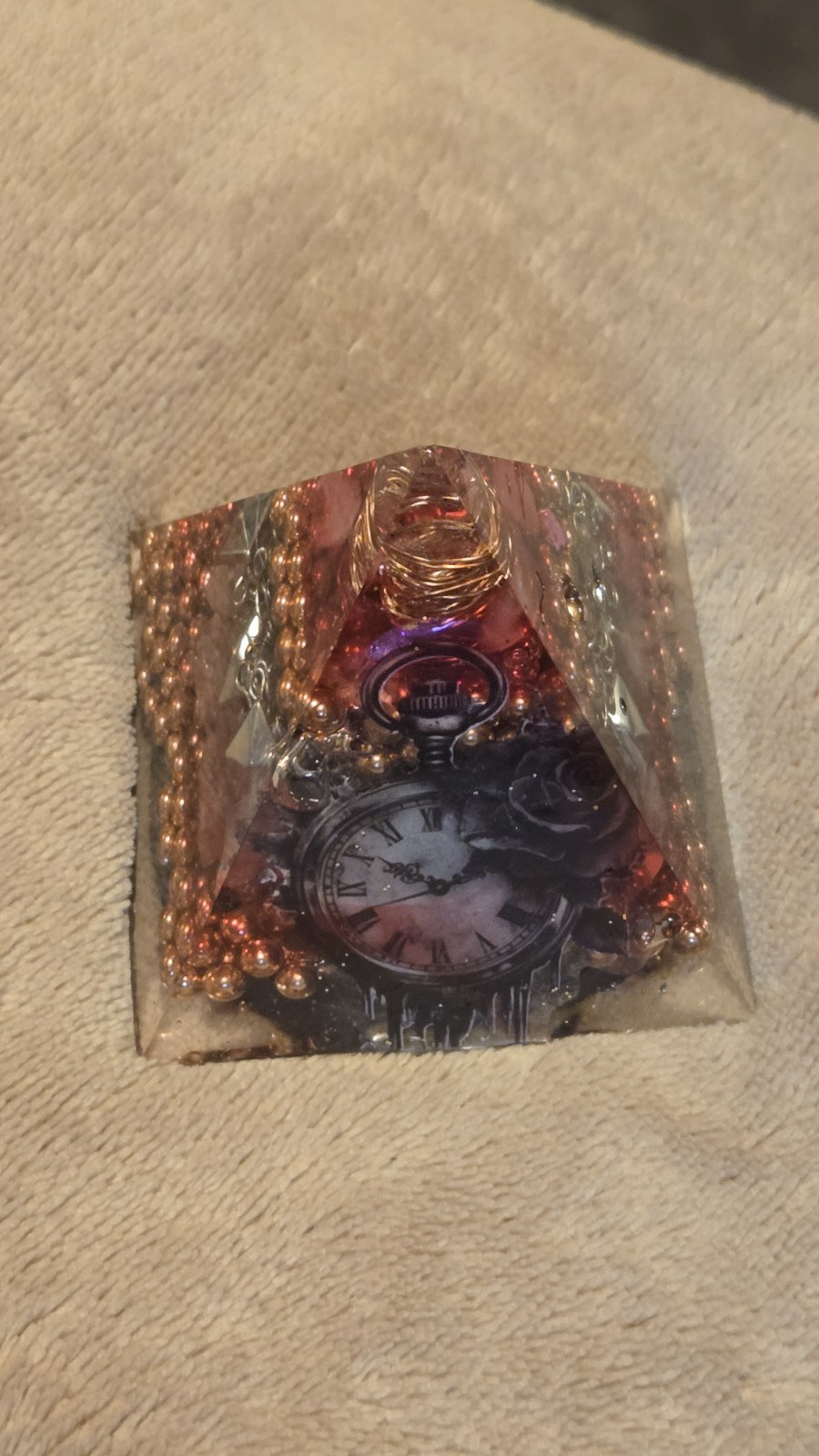 Dark Feminine Rose Quartz Orgonite Pyramid – 2.25″ Steampunk Gothic Decor