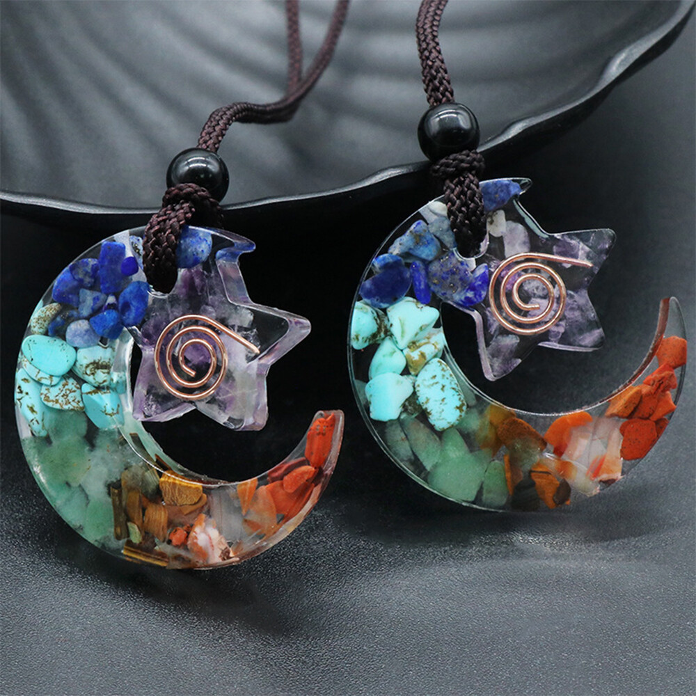 1PC Chakra Star Moon Pendant Necklace Epoxy Resin Chips Crystal Orgone Organite