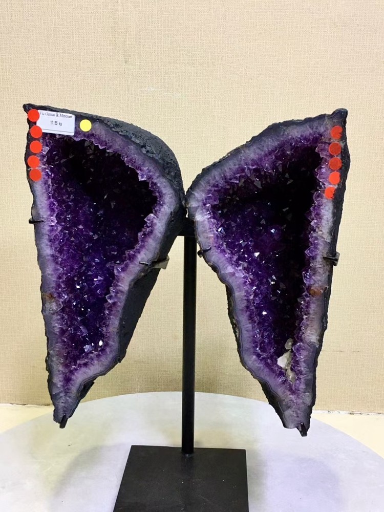 38LB Natural Amethyst Butterfly Geode Quartz Crystal Amethyst Cave + Stand