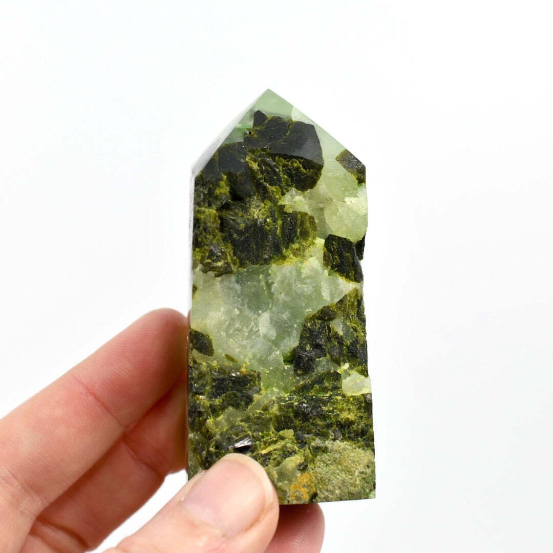 3in 147g Botryoidal Prehnite Epidote Crystal Tower, Namibia