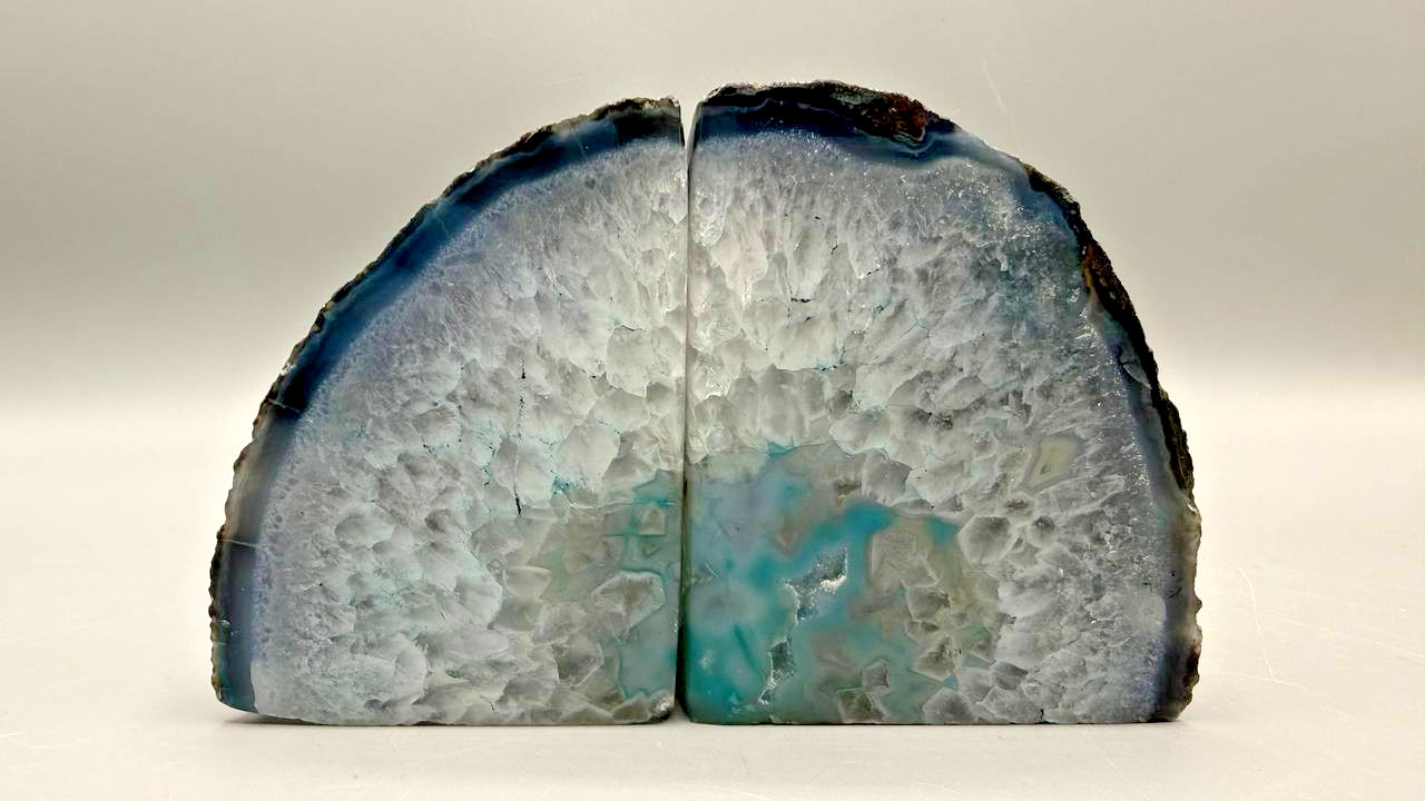 Natural Blue Agate Geode Bookends Pair 6 in Polished Crystal Stone Heavy Decor