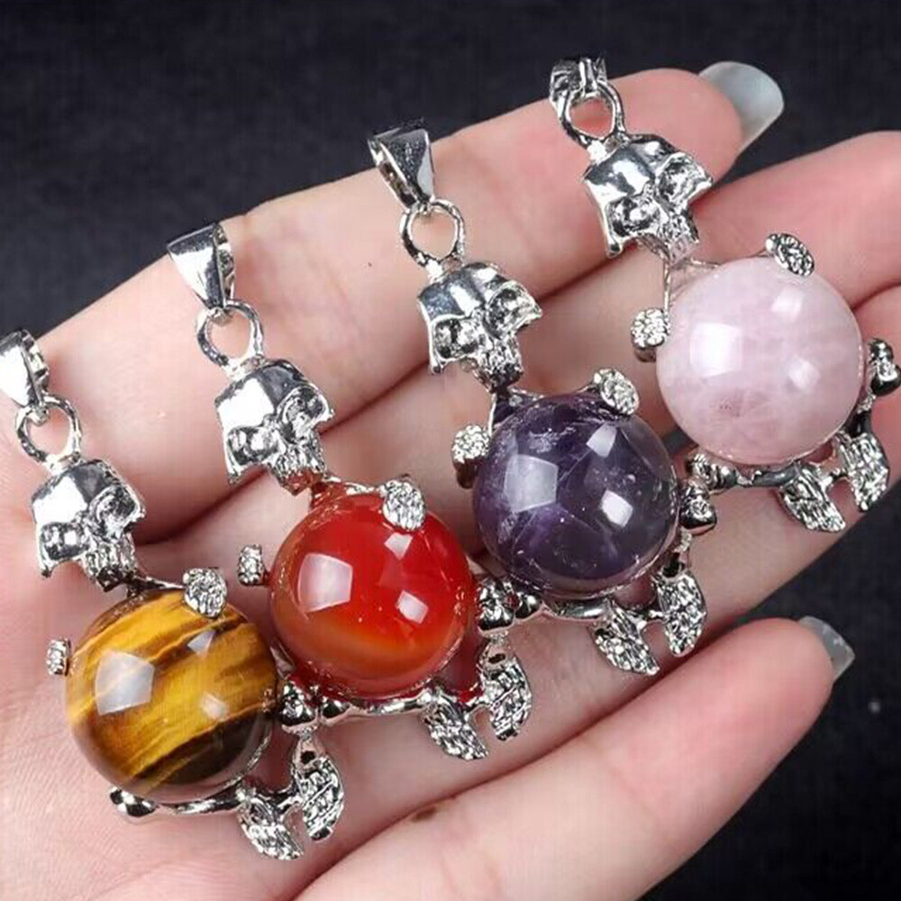 Skeleton Healing Crystal Ball Bead Unisex Alloy Skull Pendant Necklace Gothic