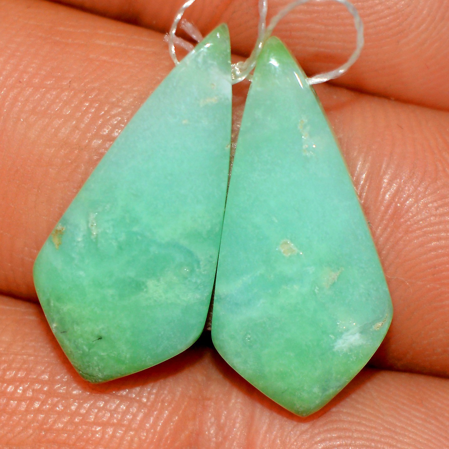 18 Cts Natural Green Chrysoprase Cabochon Gemstone Side Drill Pair 23x9mm #P347
