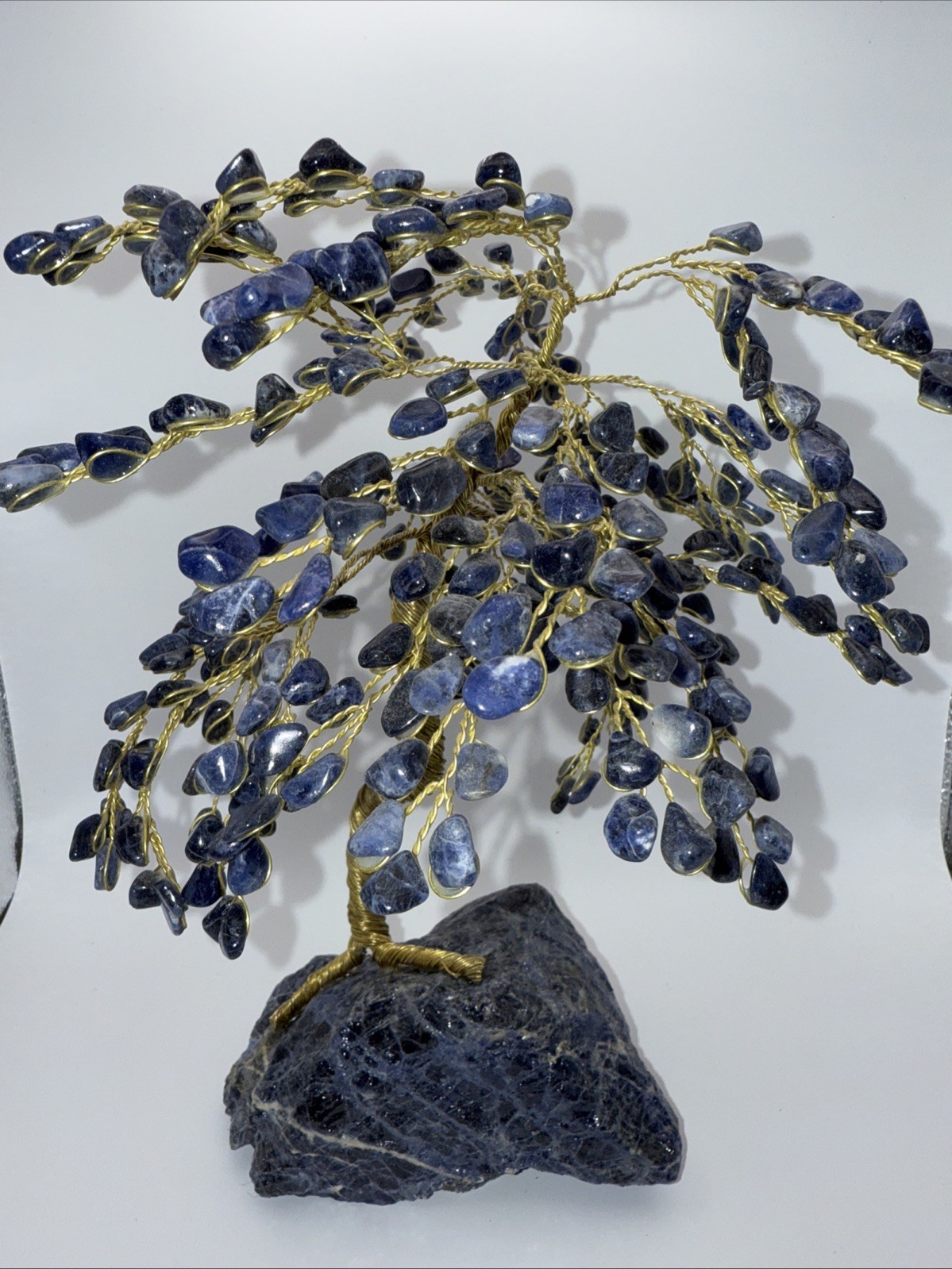 Blue Sodalite Gem Bonsai Tree w/Sodalite Chunk Base Brass Wire Tree &Limbs 10”H