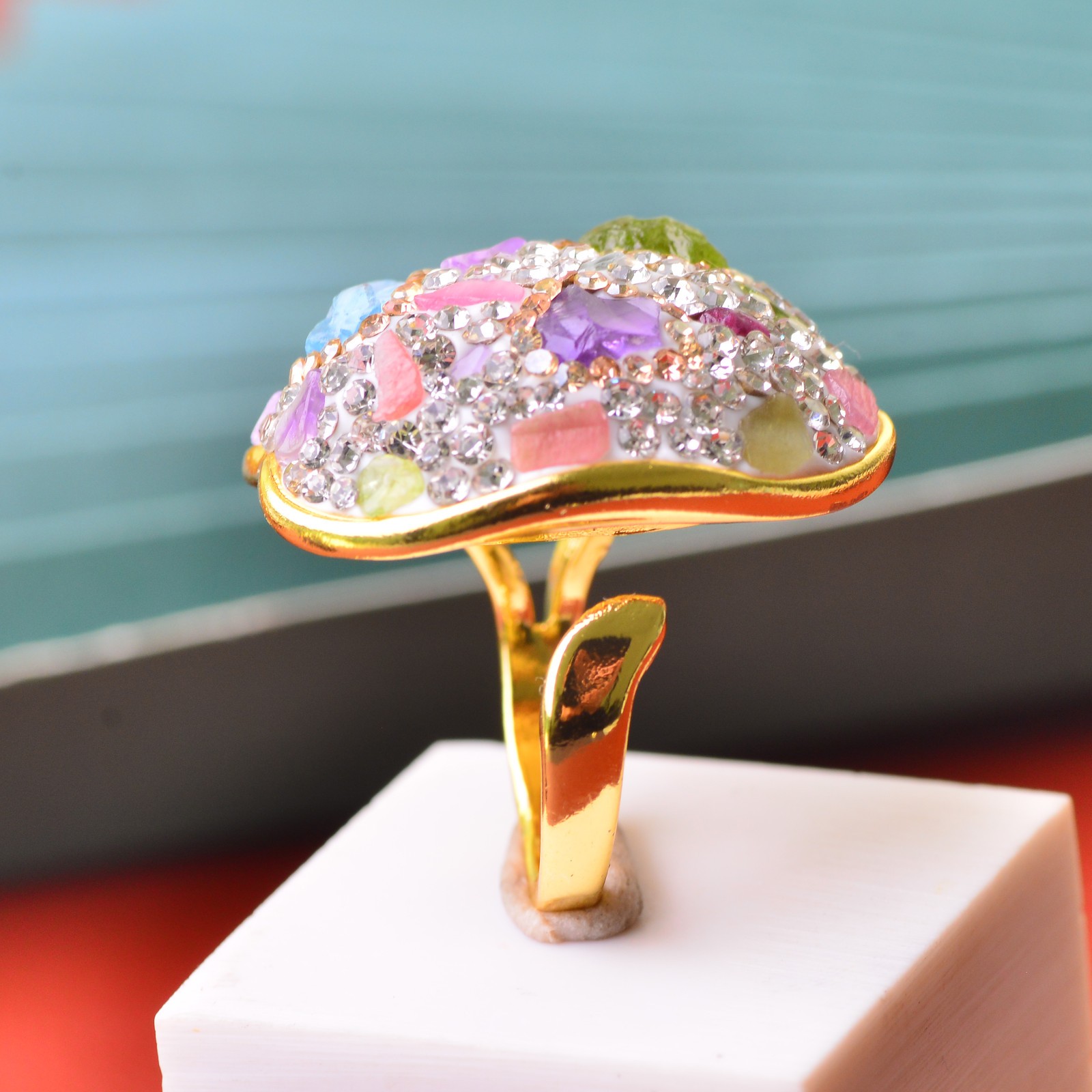 Crystal-encrusted gemstone ring alloy inlaid with handmade Energy Crystal