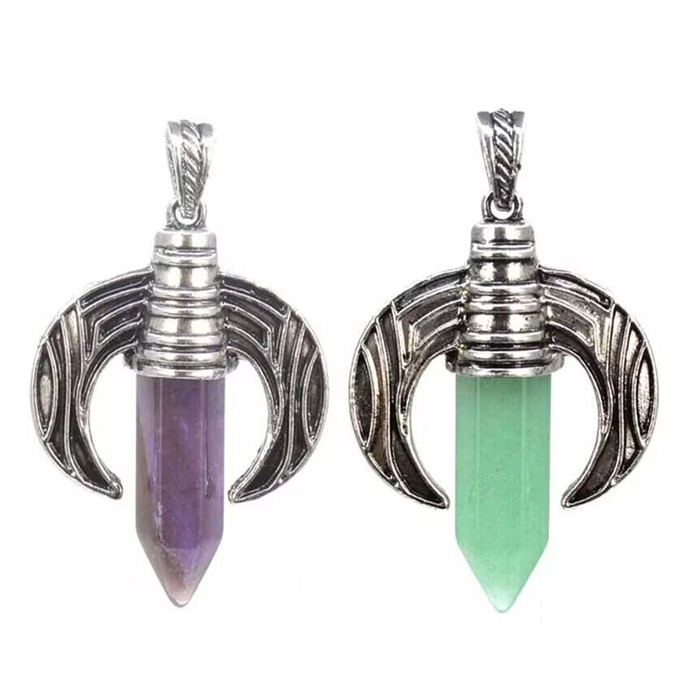 Natural Crystal Quartz Hexagon Crescent Moon OxHorn Pendant Cowhorn Men Jewelry