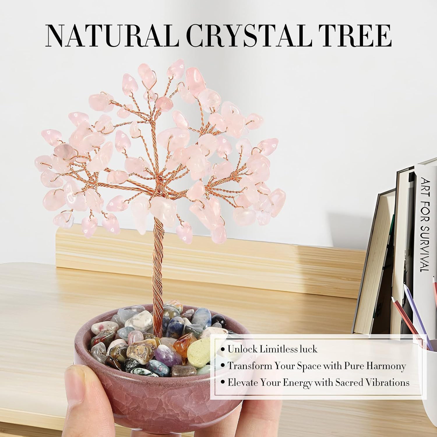 Handcrafted Rose Quartz Abundance Tree with Ceramic Base,5 Inch Natural Crystal