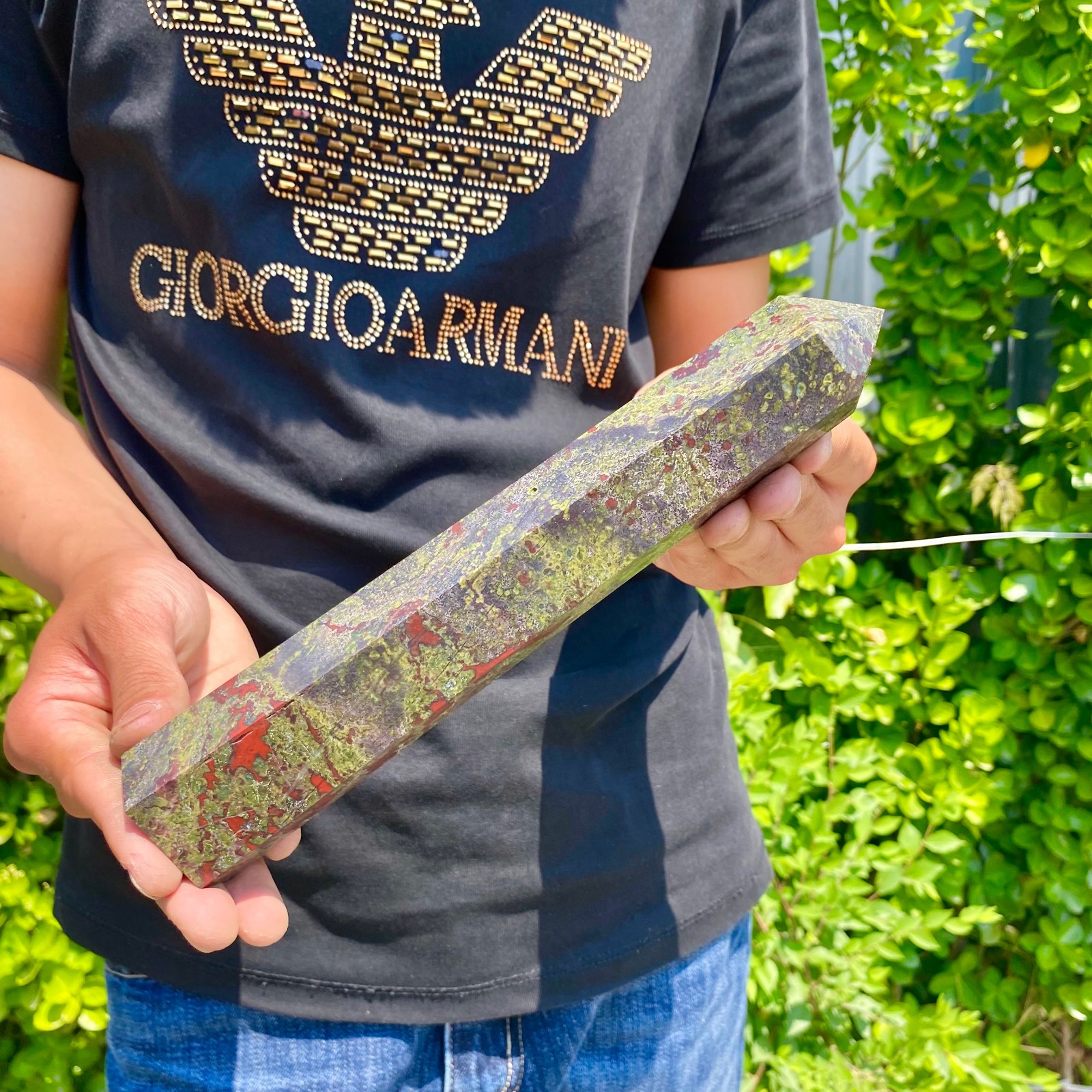 1.82LB Natural dragon’s blood stone obelisk quartz crystal column restoration