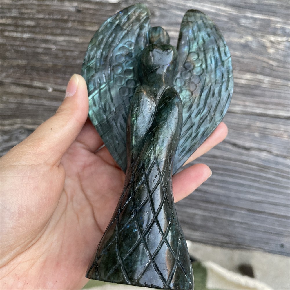 0.7LB 5.9″Natural Labradorite Angel Statue Crystal Heal Carving Energy Decor