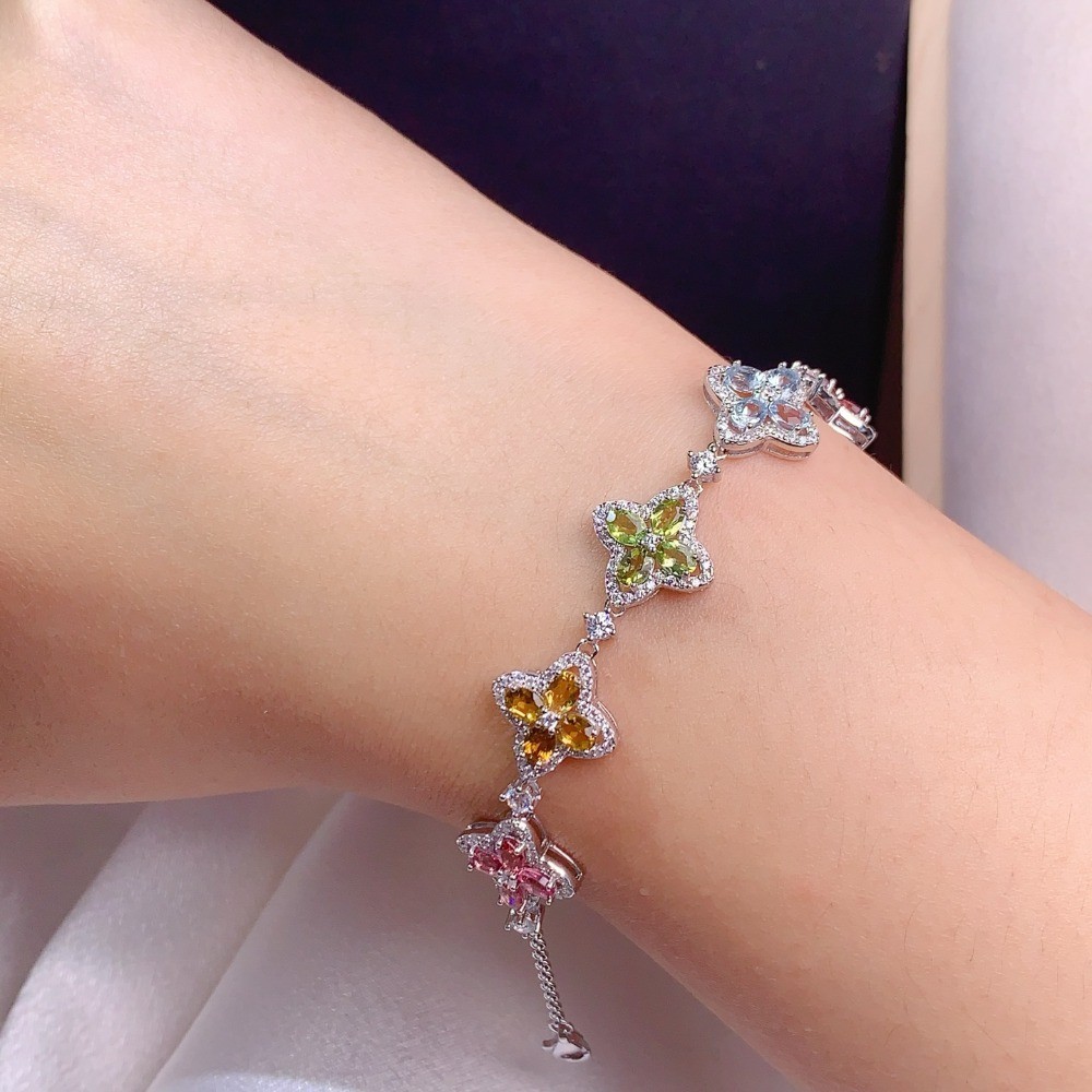 Natural Tourmaline bracelet Gemstone jewelry S925 Silver Plated 18K Gold Gift