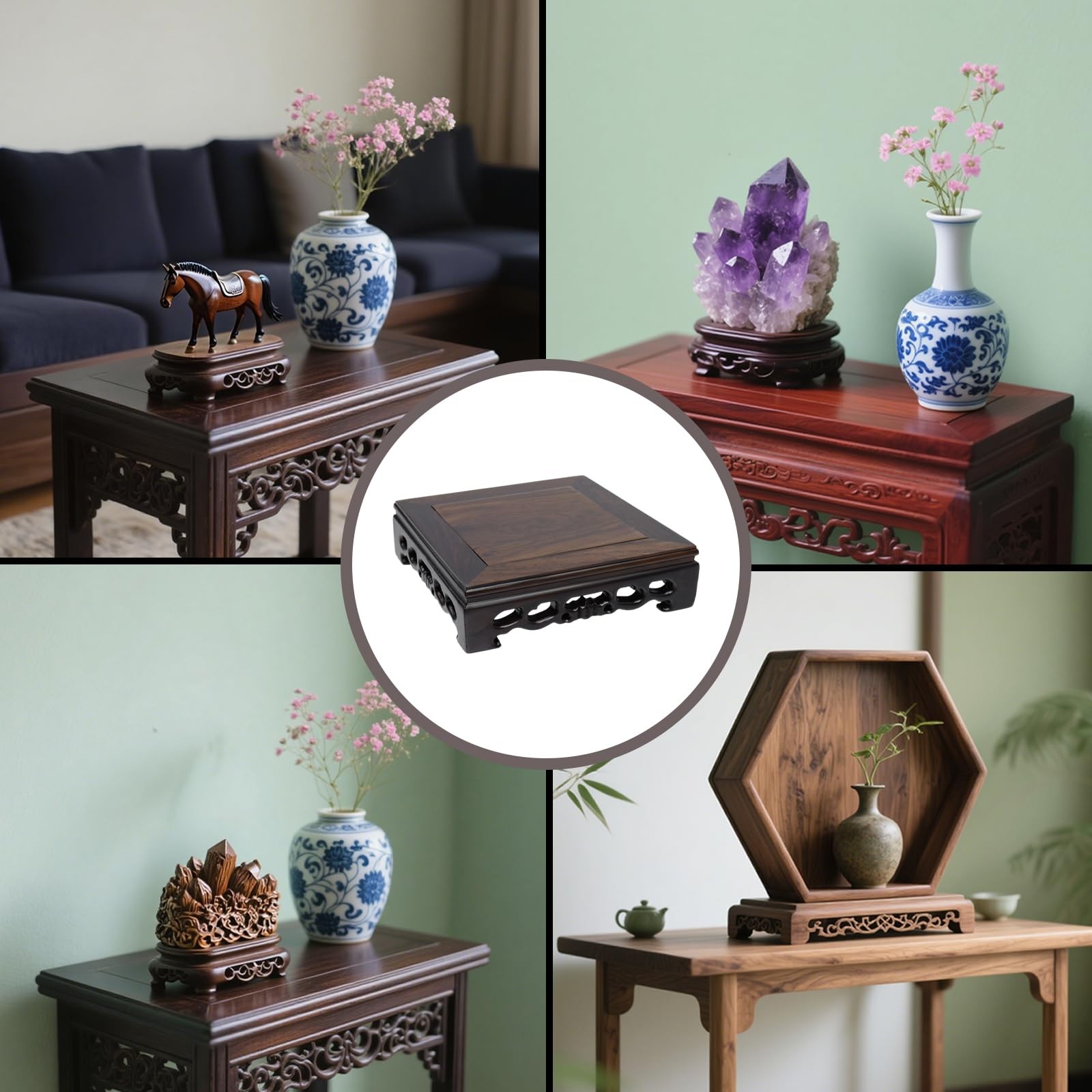 Oriental Ebony Wood Display Stand, 5.5 Inch Square Wooden Pedestal Base, Carv…