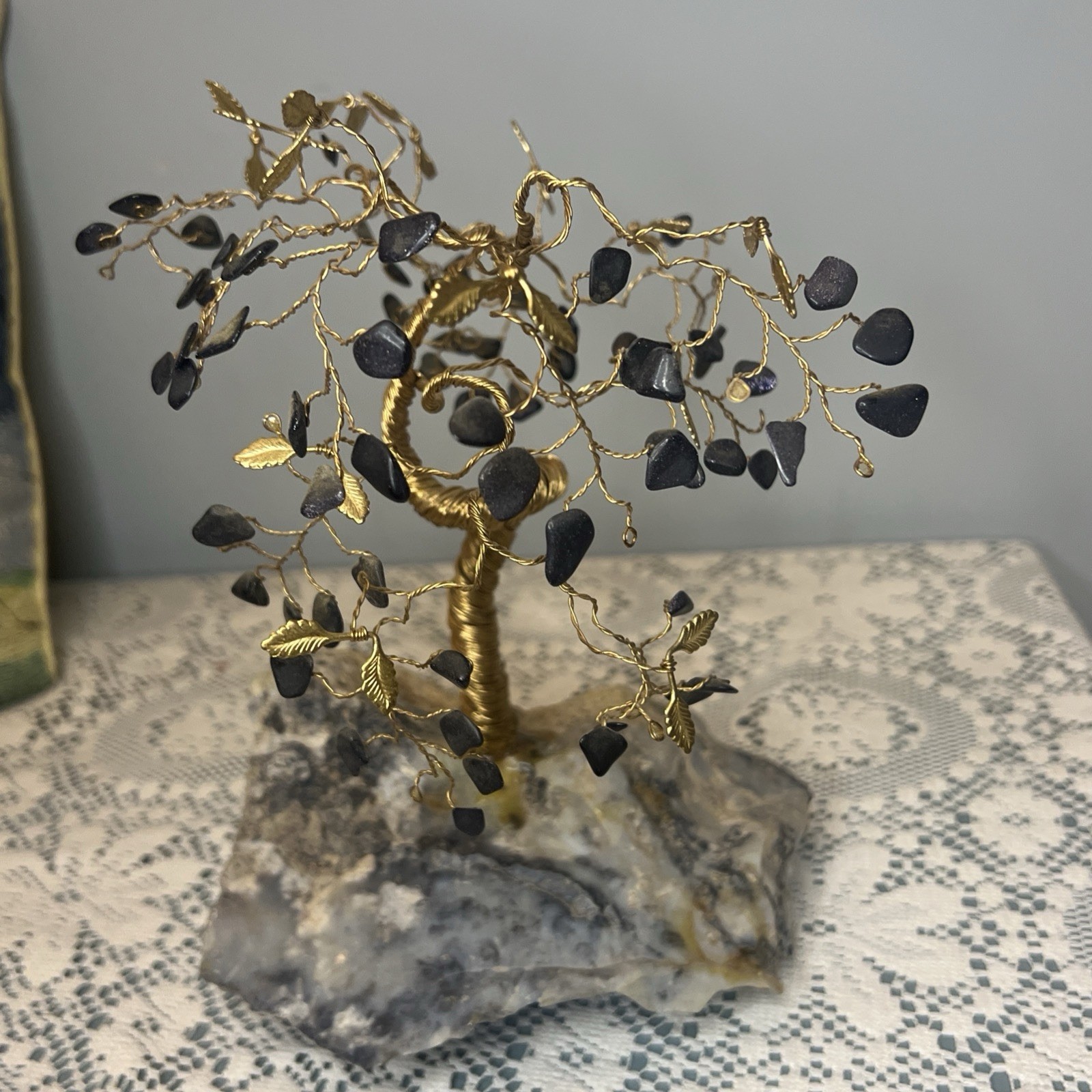 Vintage MCM Gemstone Twisted Brass Wire Tree of Life Bonsai – V3