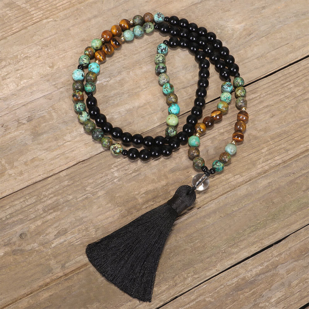 108 Mala Beads African Turquoise Obsidian Tiger’s Eye Tassel Necklace Bracelet
