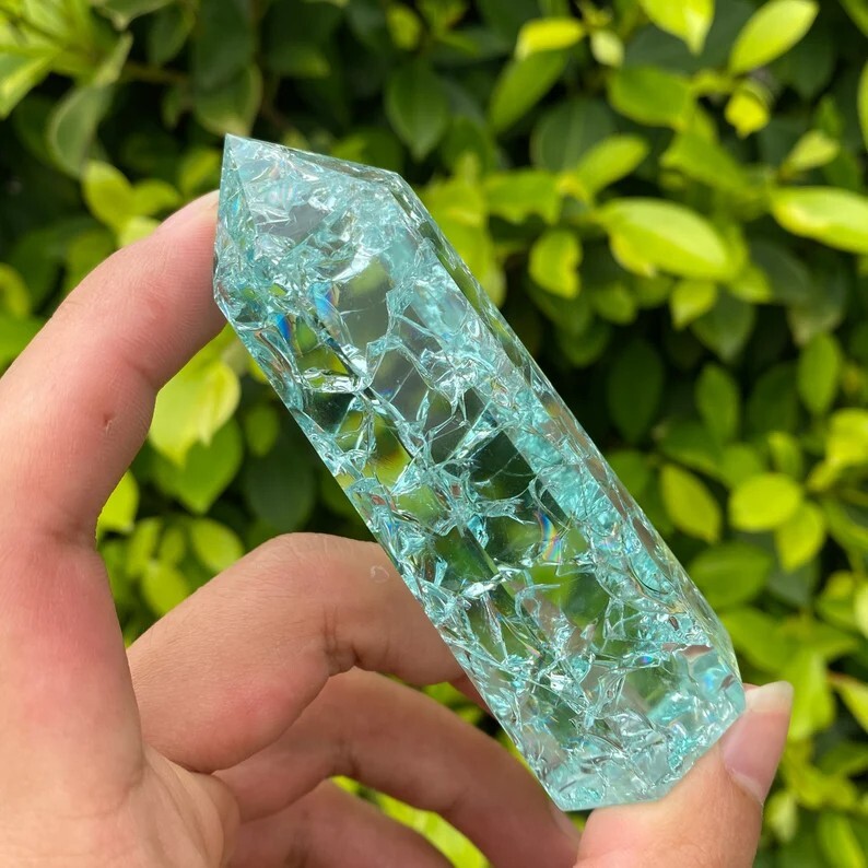 Blue Crackle Quartz Tower Blue Clear Crystal Obelisk Meditation Healing Tower