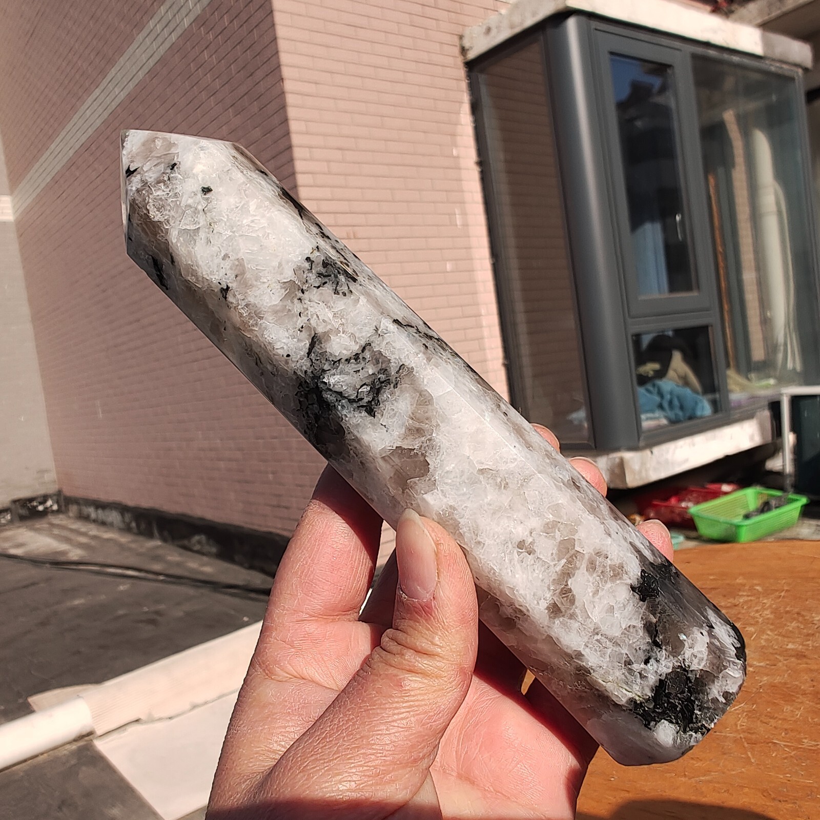 449g Large White Rainbow Moonstone Crystal Obelisk Tower Point Quartz Healing