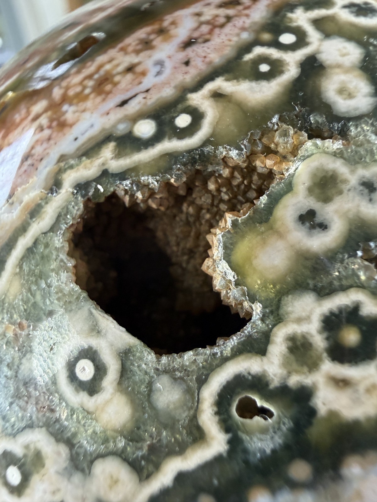 8th Vein Ocean Jasper Sphere – Druzy Pockets – Green, Pink, White – 3.69lbs