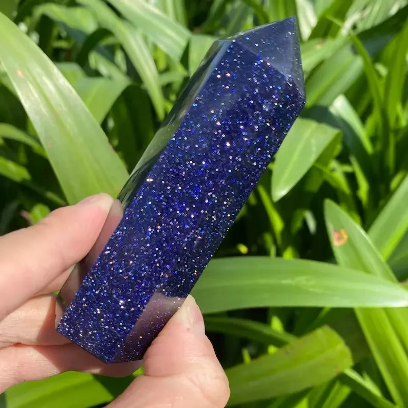 Blue Goldstone Healing Crystal Tower Point Reiki Obelisk Metaphysical Decor Gift