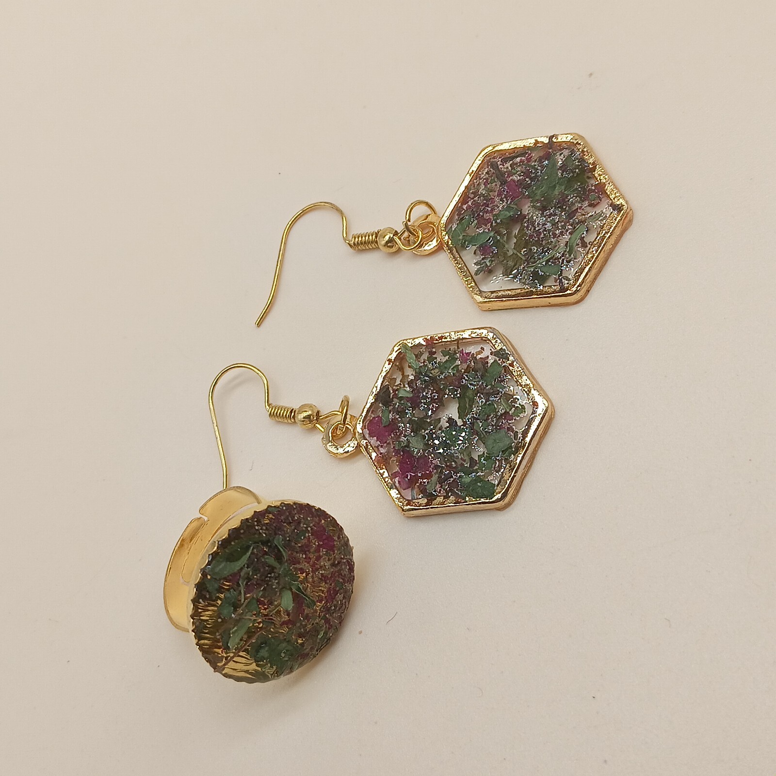 Hexagonal Botanical Resin Jewelry Trio