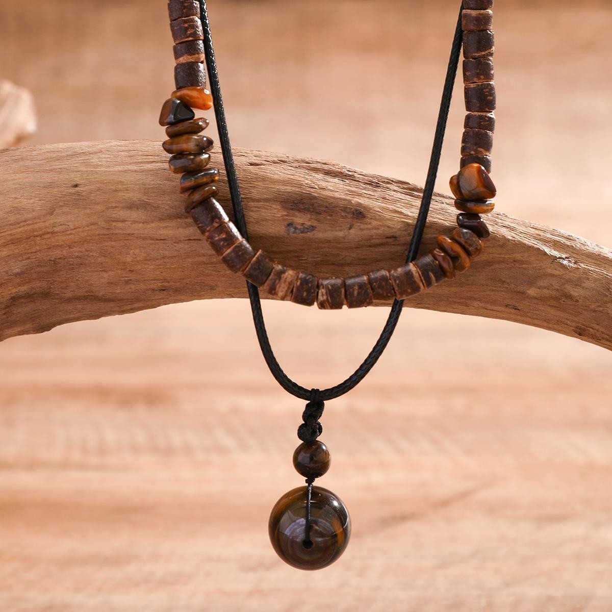 Kunjoe 2pcs Natural Stone Pendant Necklace Vintage Wood Beads for Men