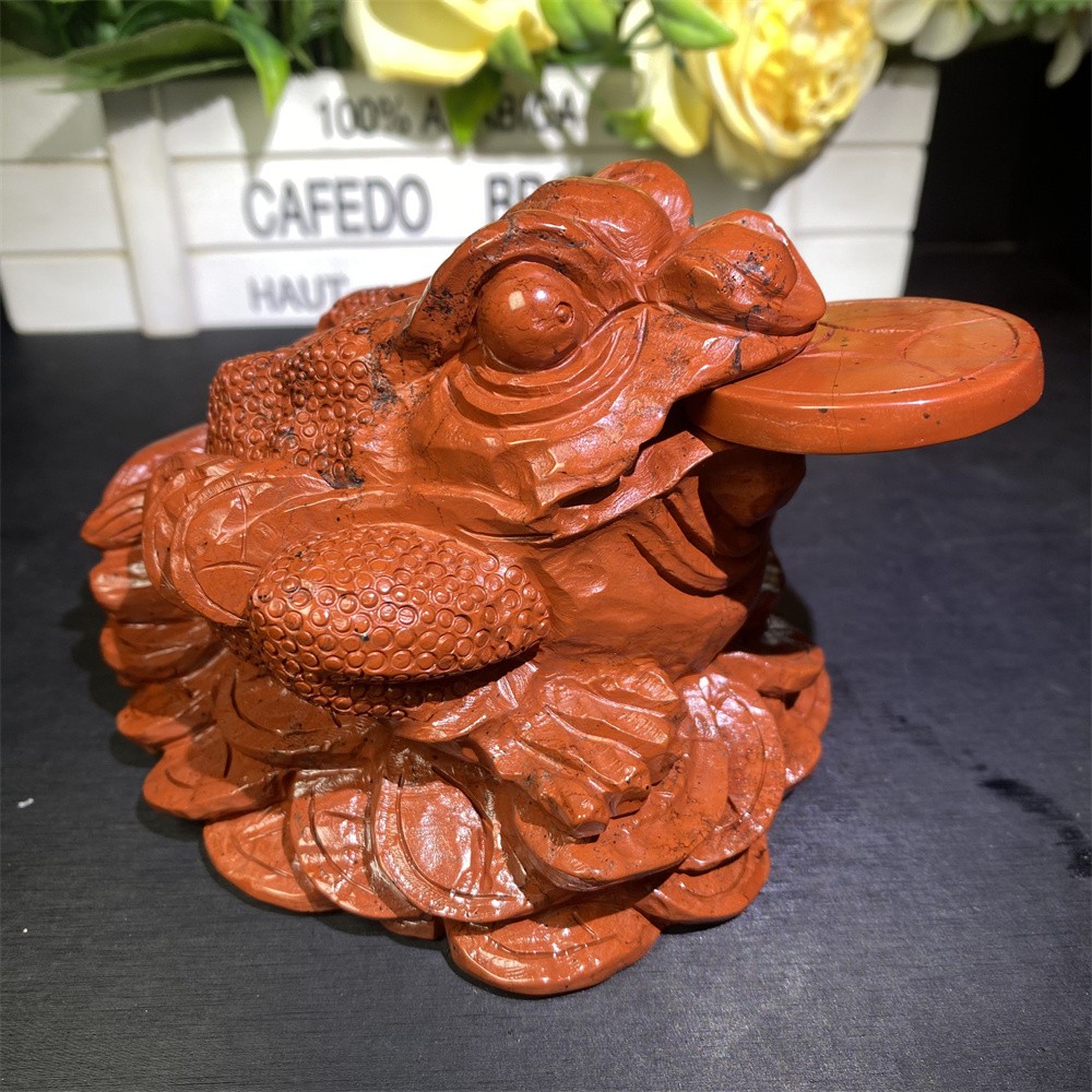 3LB 4.2″Natural A+Red Jasper Golden Toad Statue Crystal Reiki Carving Decor