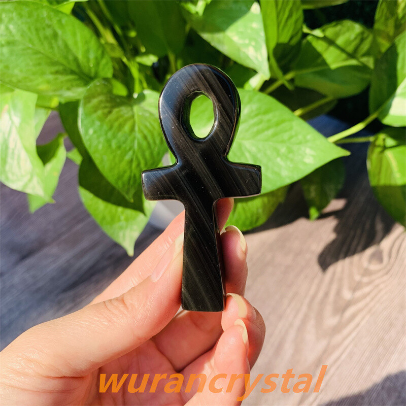 3″+ Natural Quartz Crystal Obsidian point Anka Life Key Life Symbol Cross gift