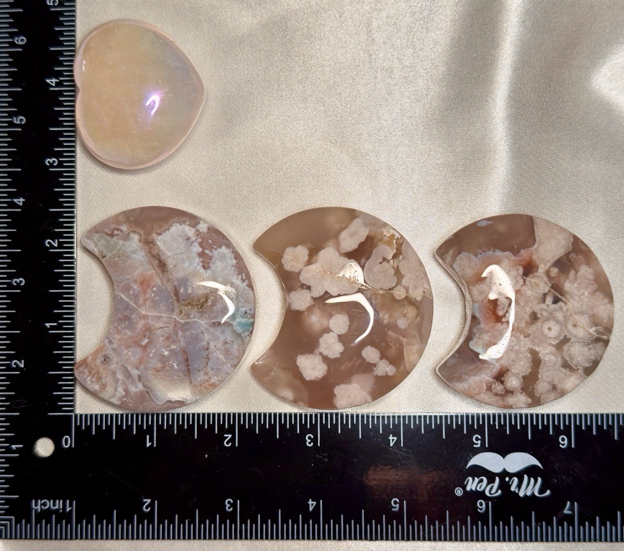 Pink Flower Agate Crescent Moon Set Aura Rose Quartz Heart Crystal Bundle 4pc