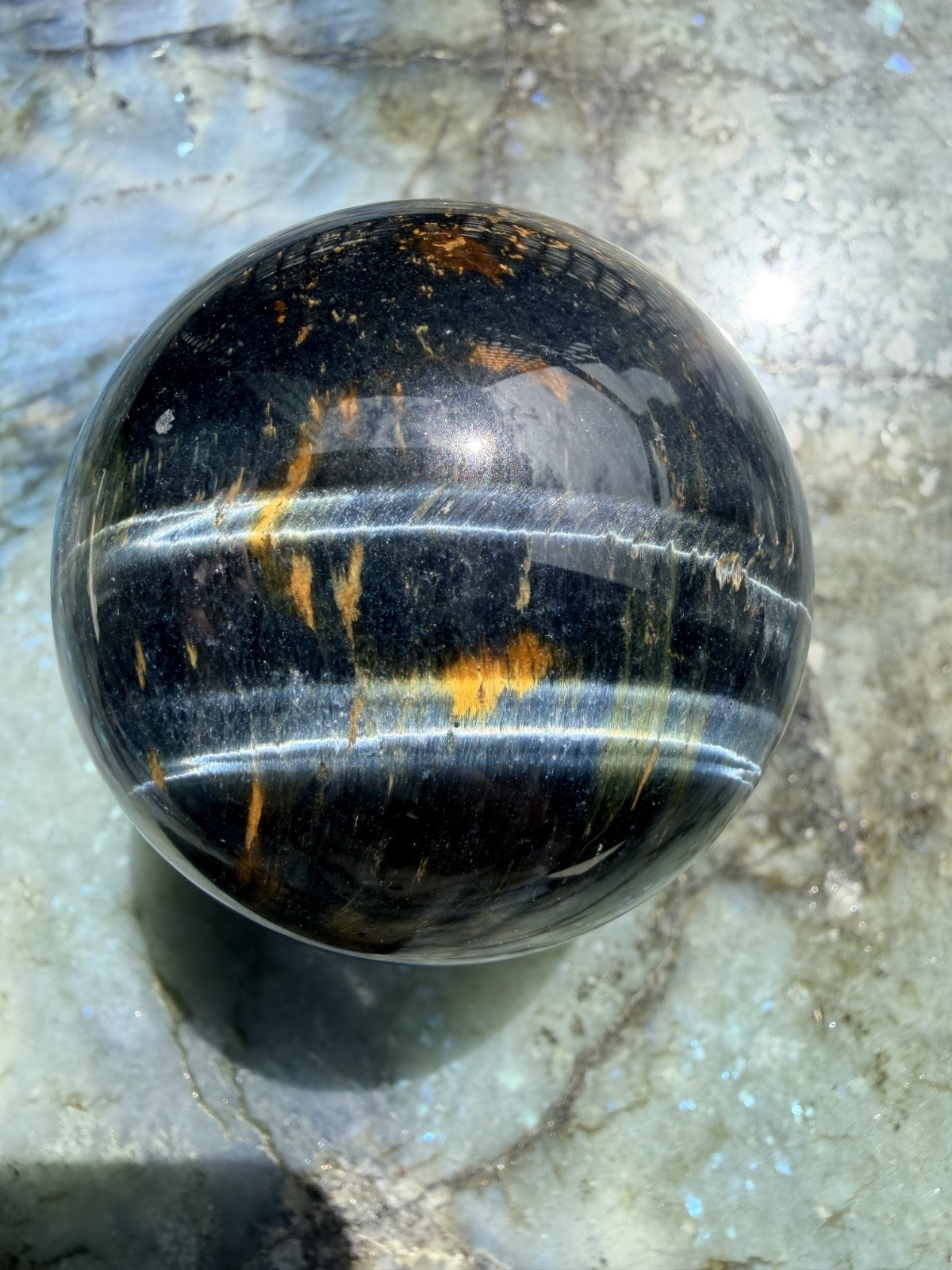 Blue Tiger’s Eye (Hawk’s Eye) Sphere | Intense Chatoyancy Cat’s Eye Effect 2.3″