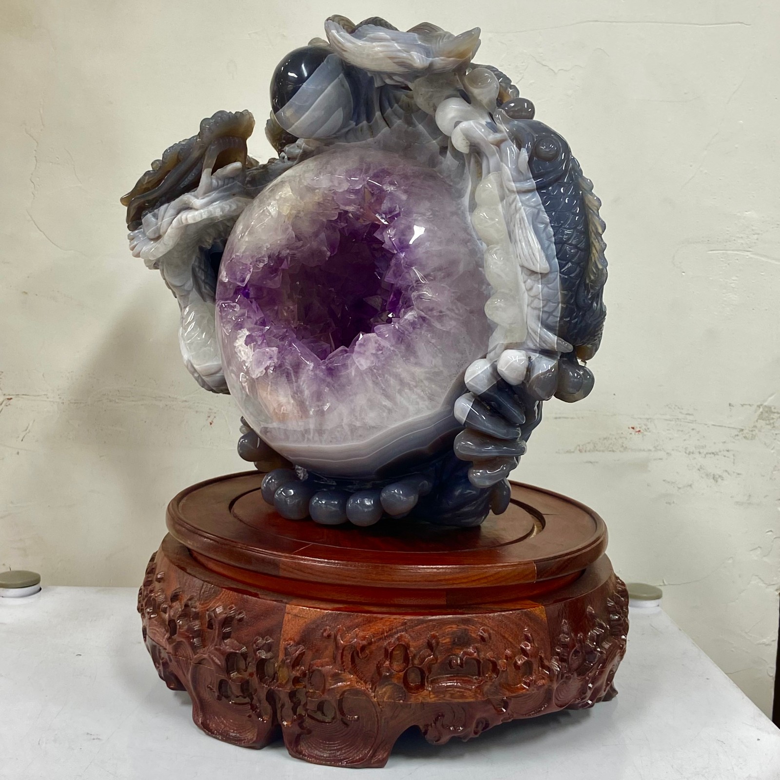 18.14LB Rare Natural Uruguay Amethyst Geode Quartz Crystal agate Carved Dragon