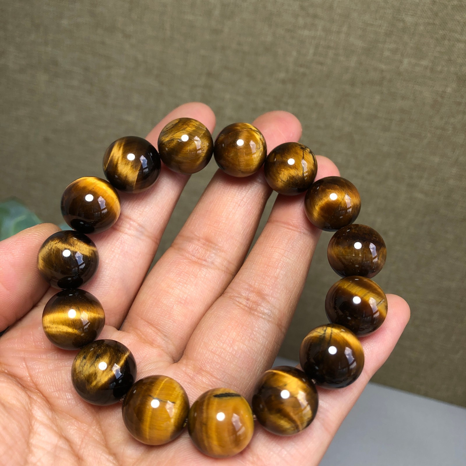 14mm Natural yellow tiger eye Crystal Quartz chain beads bracelet 58.3g g7637