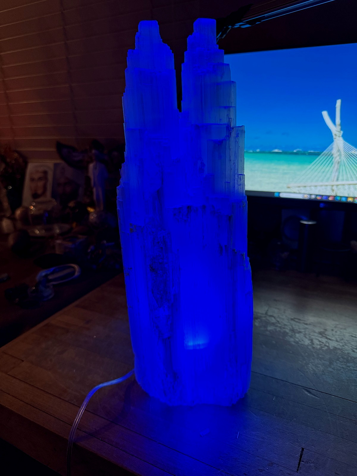 Selenite Crystal Mineral Gemstone DBL Tower Hand Carved Lamp Specimen 333