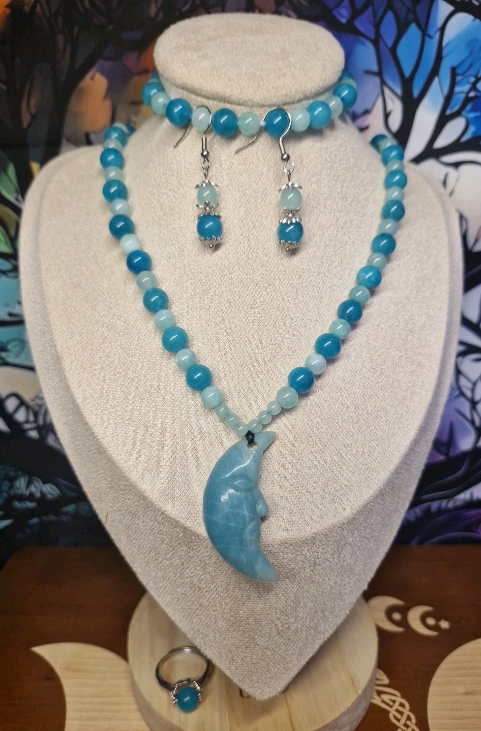 Handmade Caribbean Calcite & Aquamarine Crystal Moon Face Jewellery Set