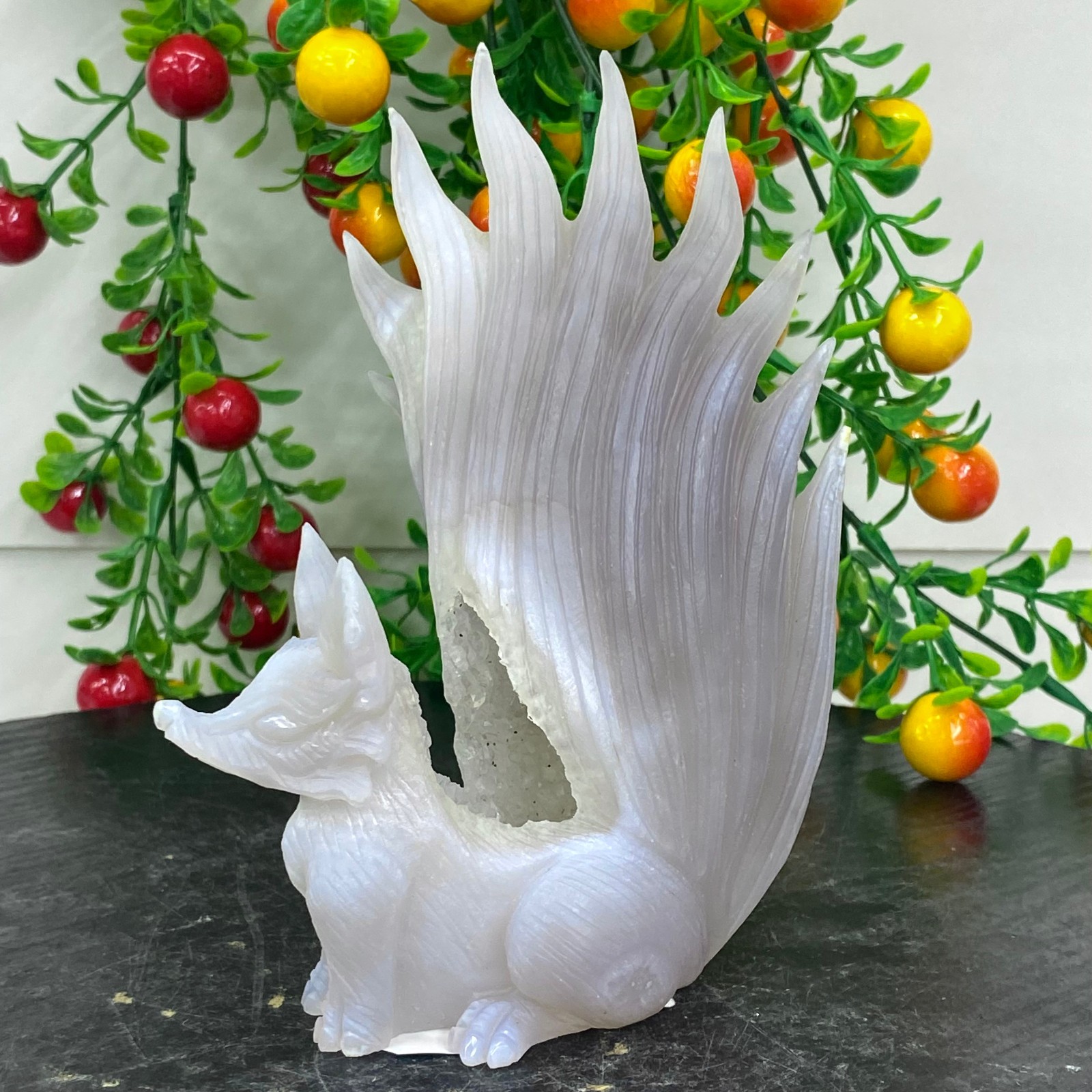 449G Natural Agate Geode Hand Carved Nine-tailed Fox Quartz Crystal Decor