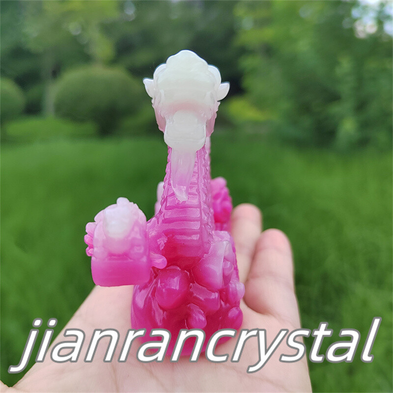 4″ Pink Luminous Stone Sculpture Dragon Resin Decor Skull Chinese Dragon 1pc