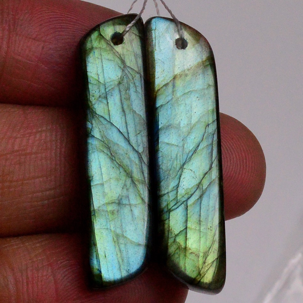 37Cts Natural Labradorite Gemstone Cabochon Front Drill Earrings 32x6mm #P2526