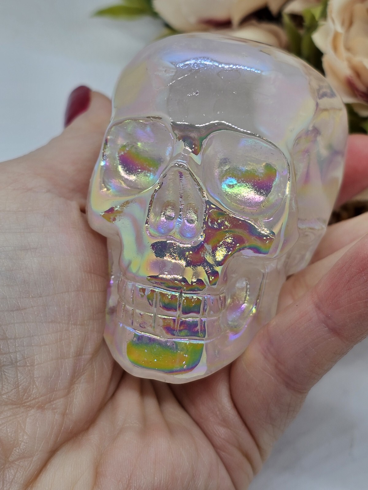*SALE* Angel Aura Rose Quartz Rainbow crystal Skull 281g 5x7x4.8cm