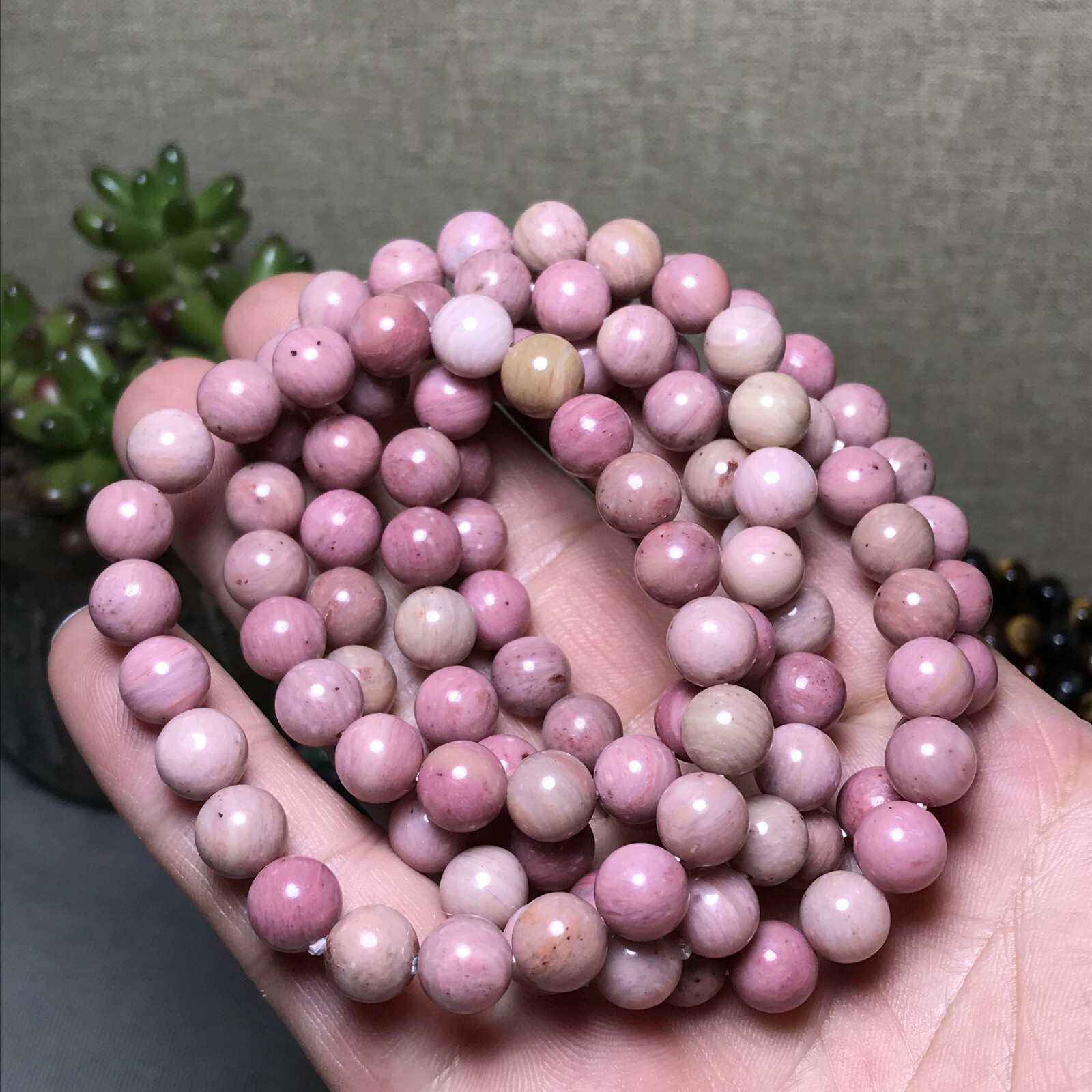 5Pcs Wholesal Natural Redwood pattern Pink bracelets Crystal ball sphere 8mm