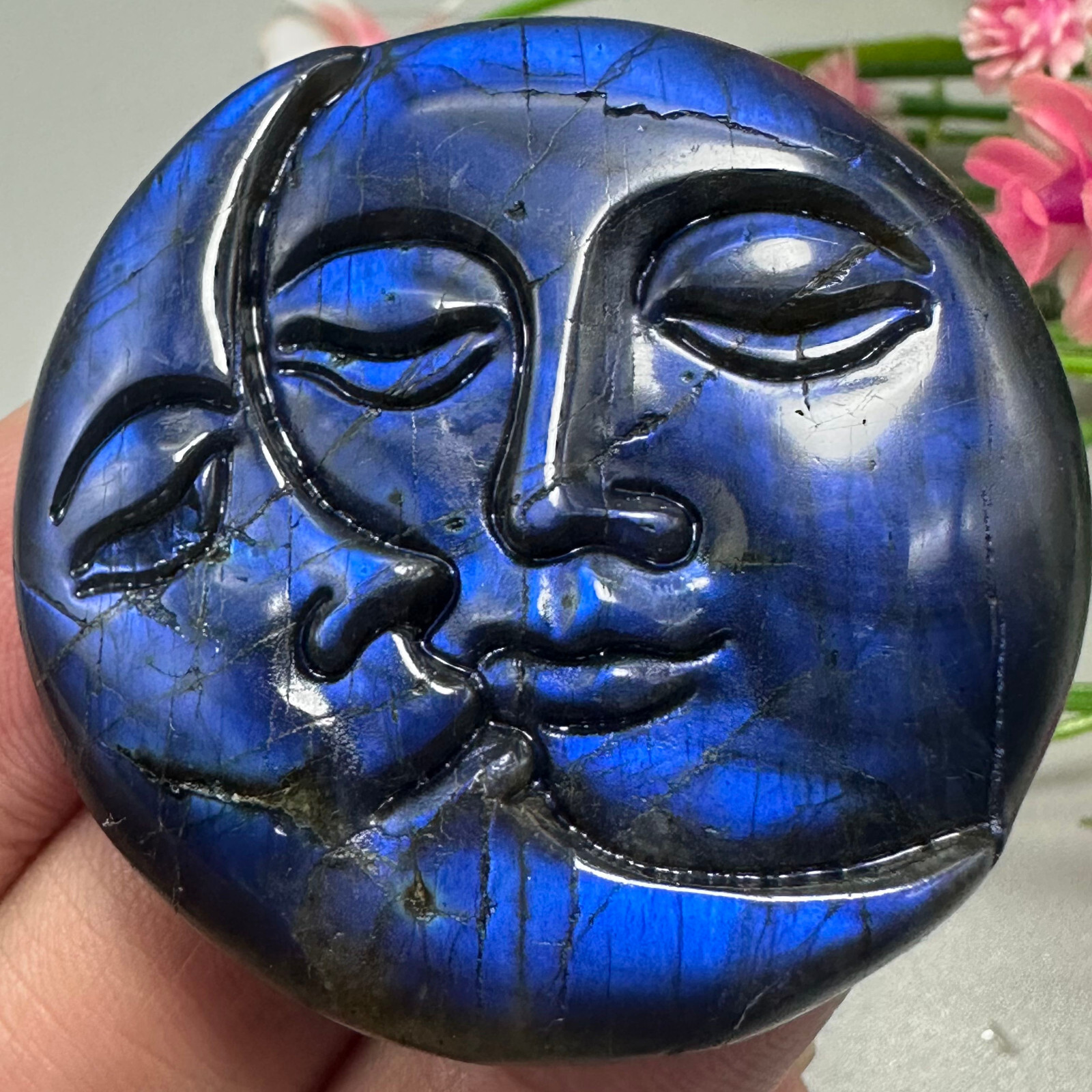 Natural Labradorite Sun Moon Face Quartz Skull Crystal Specimen Reiki Healing