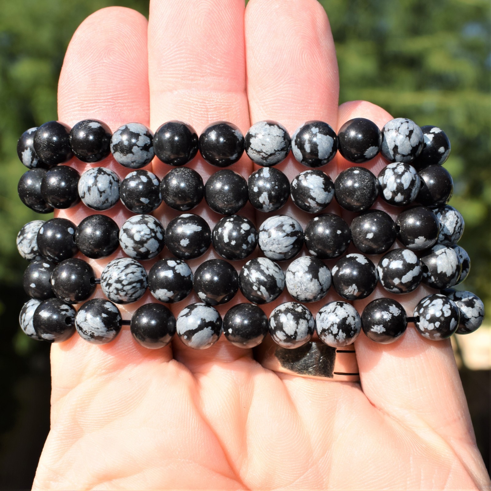 CHARGED Snowflake Obsidian Crystal 8mm Stretchy Bracelet + Selenite Puffy Heart