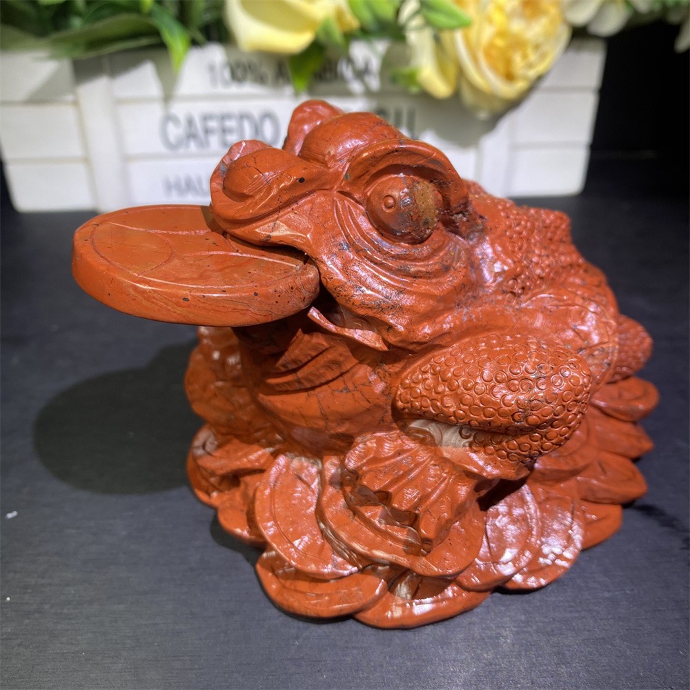 3LB 4.2″Natural A+Red Jasper Golden Toad Statue Crystal Reiki Carving Decor