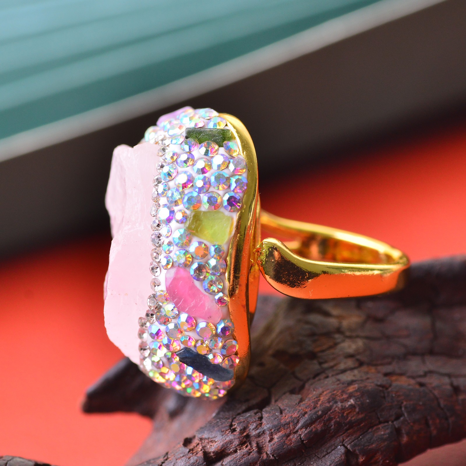 pink quartz ring, alloy inlaid with handmade gemstone jewelry Love Stone