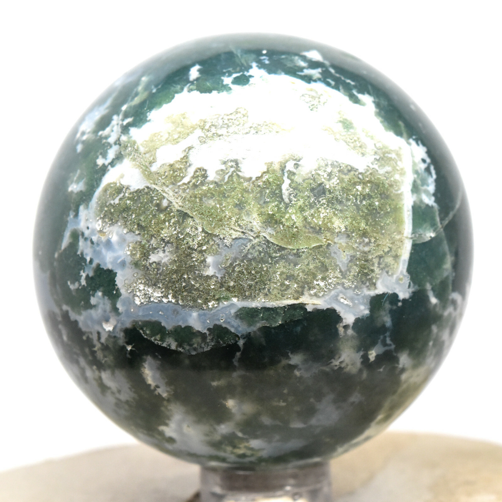 2.1″ White Green Blue Moss Agate Sphere Natural Chalcedony Mineral Stone – India