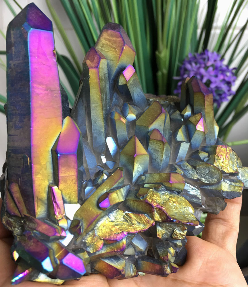 579g Rainbow Titanium plated Crystal Cluster, color-changing crystal