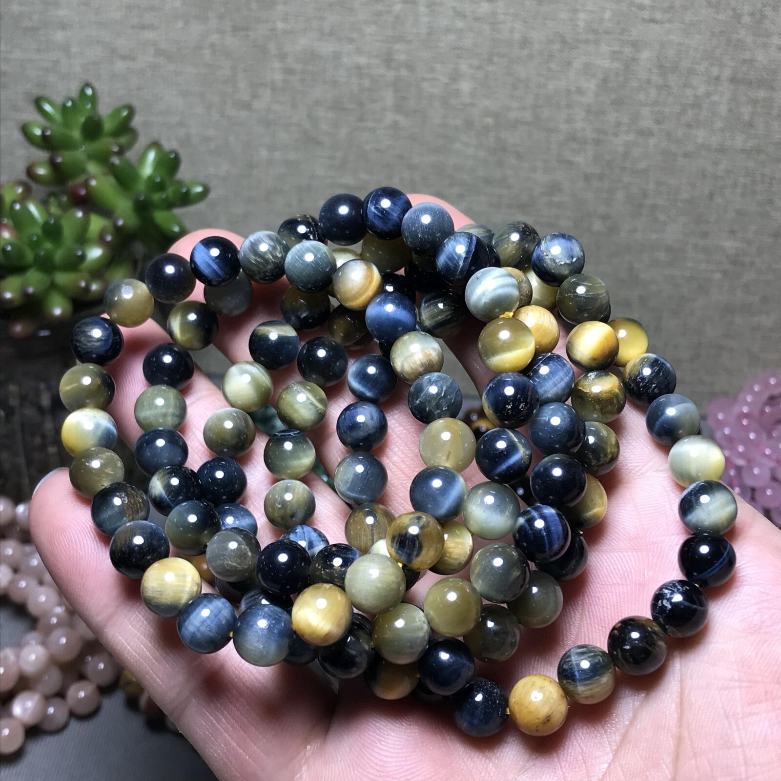 5Pcs Wholesal Natural Polish yellow Blue Tiger eye bracelets Crystal ball 8mm
