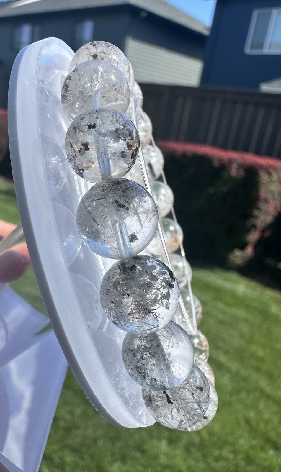 Rare Natural 11mm+ Snowflake White Rutile & Black Phantom Quartz Bracelet