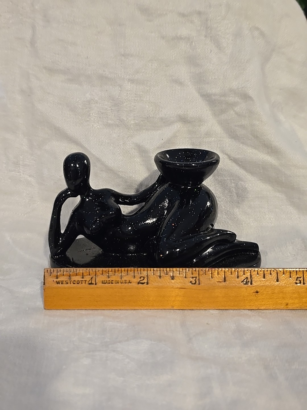 Art Deco Female Fluid Form Crystal Ball Sphere Holder Black Sparkle Carved Resin