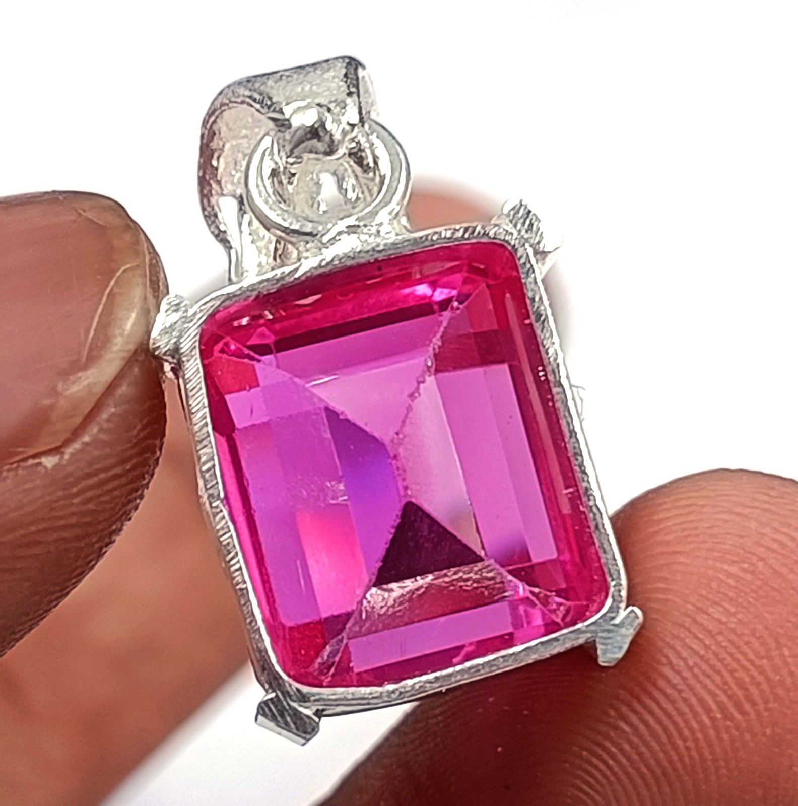 27.95Ct Natural Pink Ruby IGL Emerald Cut 925 Solid Silver Pendant Gemstone 5JSR